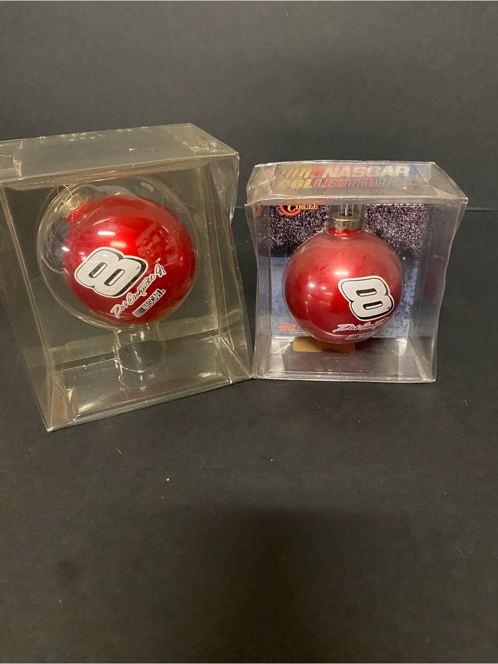 Red NASCAR Collectible Ornament Pair - #8 Decal, vintage new in boxes